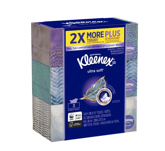 Kleenex Ultra Soft & Strong Facial Tissues, 120 Tissues Per Flat Box, 3 Pack