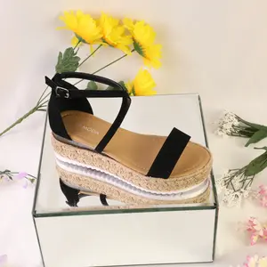 Woman sandal flat platform heel open toe back heel with a counter cross ankle strap and buckle