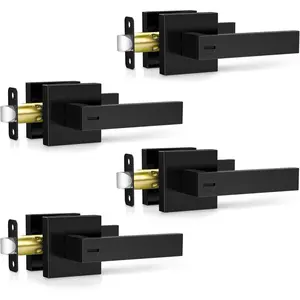 4 Pack Matte Black Door Handles, Keyless Interior Door Knobs, Privacy Door Lever Locksets for Bedroom Bathroom, Heavy Duty Square Door Lock, Reversible for Left&Right Handled Doors