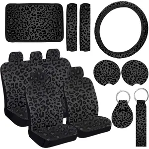 15 s Leopard Print Printing Car Steering Wheel Cover Center Console Armrest Pad Headrest Seat Belt Cover Handbrake Cover Keychain Coaster Full Set Car SUV （Black Leopard Print）