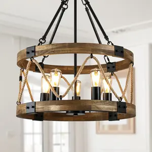 5 Lights 19.7" Industrial Style Wooden Chandelier with Adjustable Chain and Candelabra Bulb Base for Home Decoration