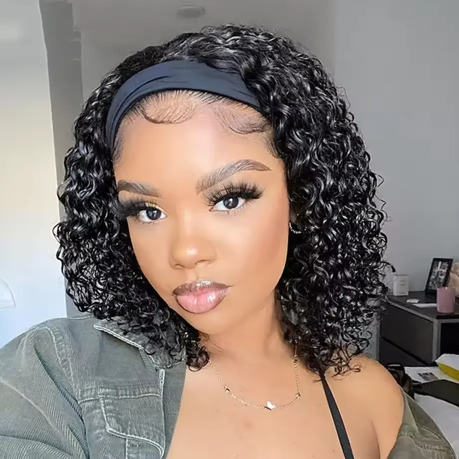 MYLOCKME Hair 180 Density Kinky Curly Headband Wig Human Hair Easy To Wear Curly Glueless Wigs For Women Full Machine Made Wigs Natural Black Hair