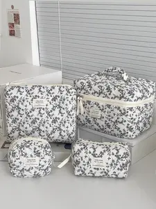 Vintage Black and White French Floral Makeup Bag Set of Four Korean Style Retro High Aesthetic Fresh Outing Portable Large Capacity Zipper Travel Storage Cosmetic Bag for Women Girls