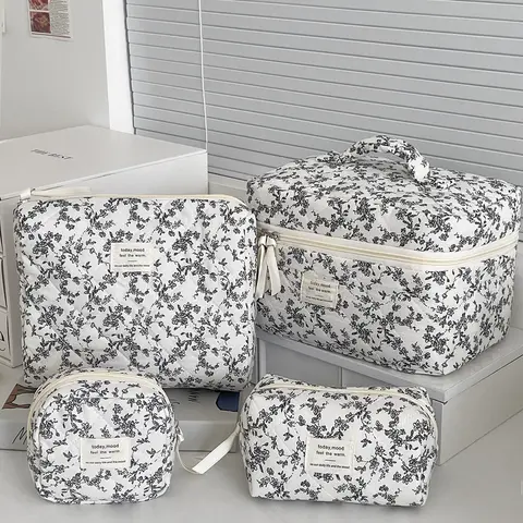 Jelly Home Women's 4-Piece Elegant Polyester Make-Up Bag Kit Pouch - Vintage Black & White French Floral French Girl Style, Korea’s Retro Aesthetic, High-Capacity, Portable Zipper Closure, Quick Access, Travel Organizer for Casual Outings