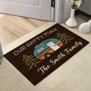 Personalized Camping Doormat - Custom Family Name Welcome Mat - Our Happy Place Vintage Camper RV Decor - Indoor Outdoor Entrance Rug for Camping Lovers