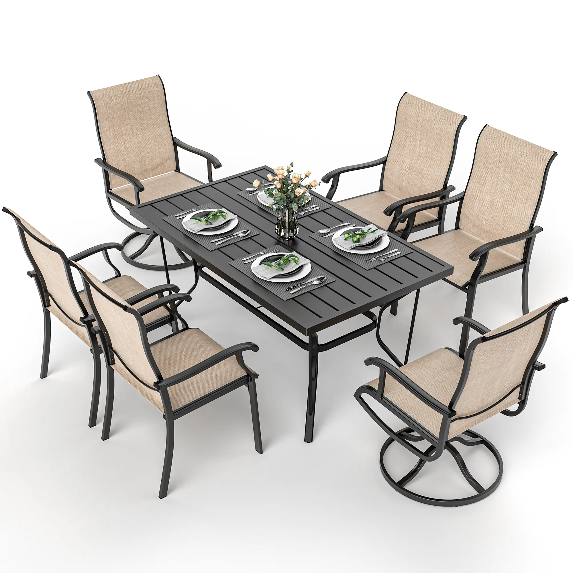 【Springtok】Pamapic 7-Piece Patio Furniture Set - Textileene Swivel Chair, 4 Regular Chairs & Dining Table, Modern Resort-Style Durable Anti-Rust Coated Outdoor Set for Garden, Poolside, Patio Furniture Sets