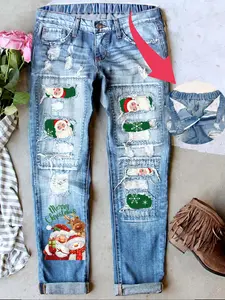 Women's Ripped Christmas Holiday Jeans, Santa Patch Boyfriend Fit Vintage Denim Jeans, Casual Fitted Long Regular Jean Style