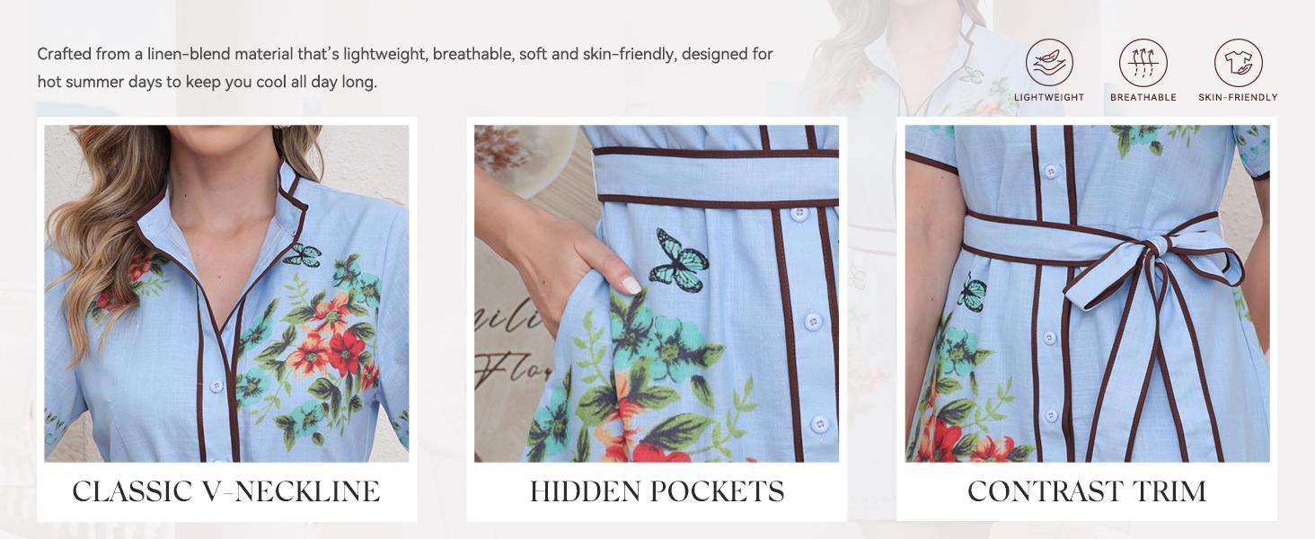 CHARTOU Women's Floral Linen Button Down Wrap Tie Knot Boho Beach Shirt Dress with Belt