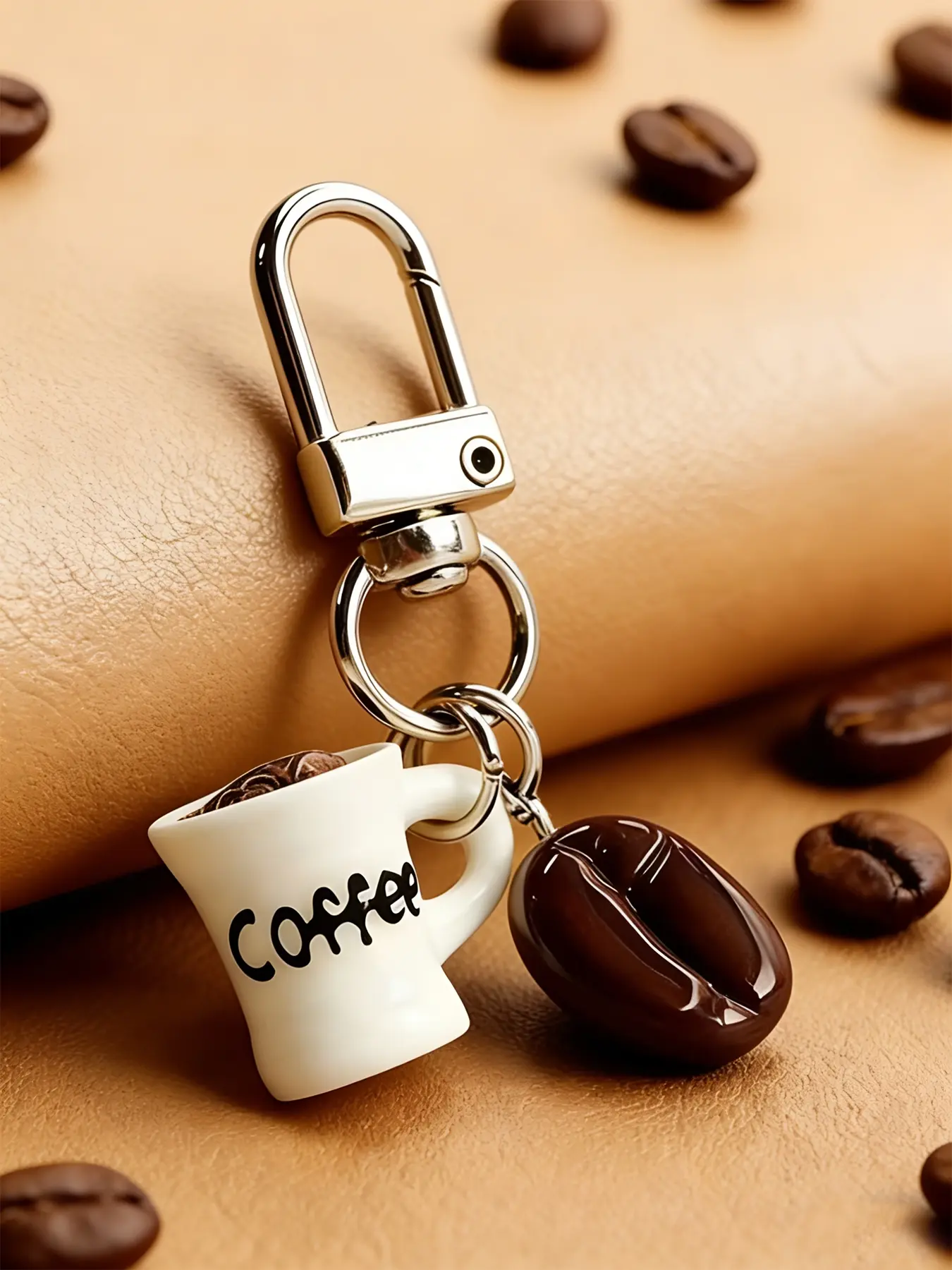 A keychain pendant, Keychain charm, in the shape of a coffee cup and coffee beans, featuring a cute style, Cute Keychains, suitable for coffee lovers to hang on bags or keys daily, adding personality to leisure scenes like commute