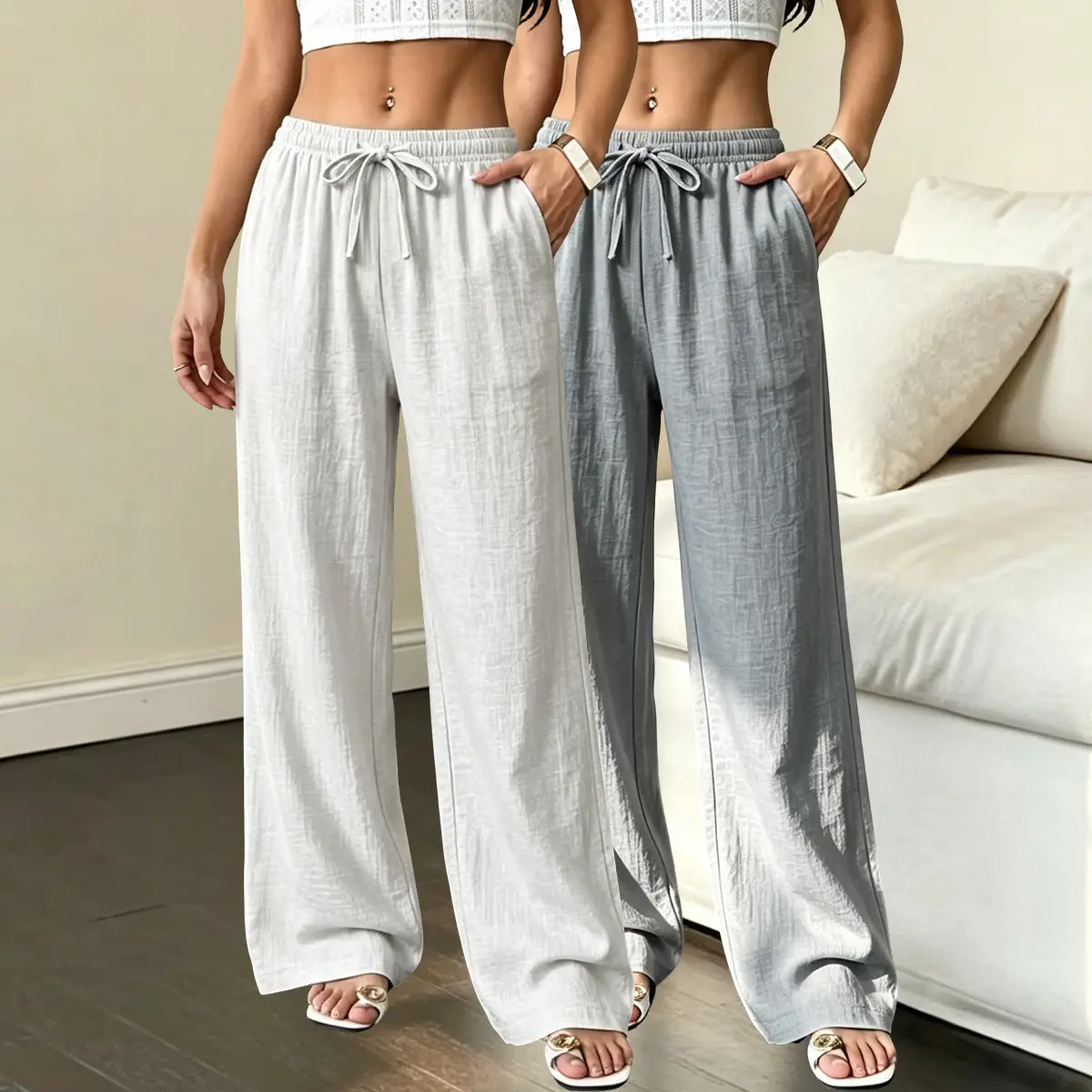 Women’s two-pack loose tie casual long pants, solid color, side pockets, elastic waistband; suitable for everyday wear, leisure, shopping, sports, and exercise; women’s pants, women’s long pants