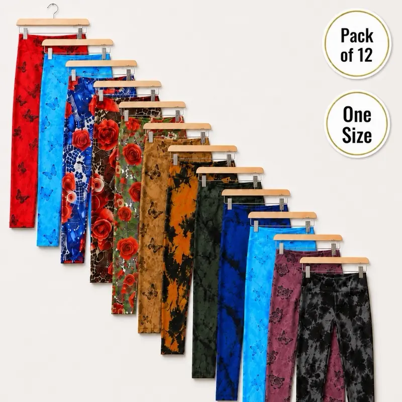 Women’s 1-Size Leggings, Pack of 12 Assorted Colors and Prints