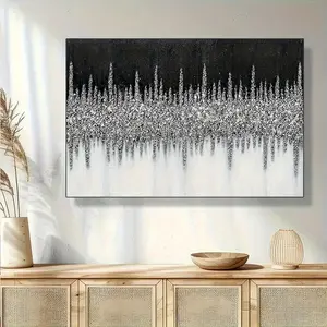 A Modern Abstract Painting with Wooden Frame - Hand-Painted Oil Painting Style, Black and Silver Texture, Minimalist Design, Modern Wall Decoration, Decorative Artwork, Suitable for Living Room, Bedroom - Ideal Home Office, Living Room Artwork Gift