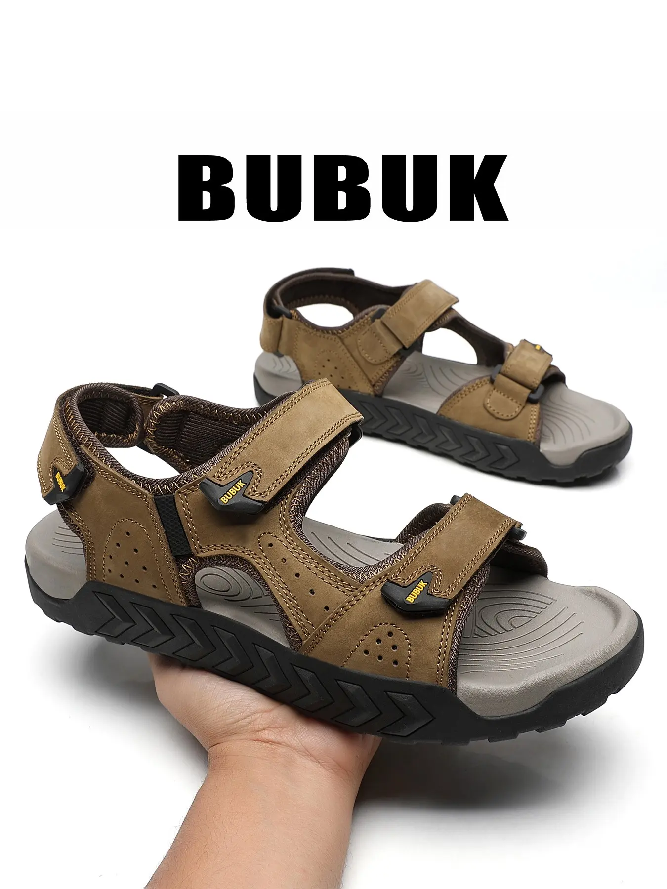 BUBUK  Men's Top Grain Cowhide Beach Sandals Waterproof Water Shoes with Breathable Fabric Lining for Outdoor Hiking and Leisure Travel