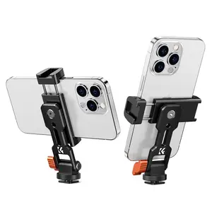 K&F CONCEPT Metal Phone Tripod Mount - Universal Adjustable Cellphone Holder with 2 Cold Shoe Mounts for Horizontal, Vertical Shooting, Compatible with iPhone, Samsung and All Mobile Phones