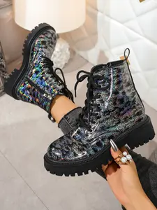 Women's Lace-Up Combat Boots, Fashionable Durable Shoes, Perfect for Casual Wear, All-Day Comfort, Trendy Fashion Piece