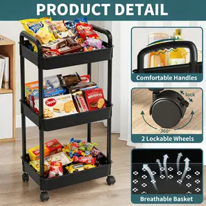 3 - Tier Rolling Storage Cart With Wheels, Multi - Layer Utility Trolley Organizer With Perforated Shelves & Divided Baskets, Easy - Move Storage Solution For Bathroom, Kitchen, Office, Bedroom, Quick Assembly & Space - Saving Design.