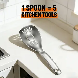 5-in-1 Stainless Steel Colander Utensil - Slotted Spoon with Handle and Built-in Garlic Grinder Baby Food Masher, Multi Functional Kitchen Strainer and Skimmer for Draining Home Cooking Feeding Essentials