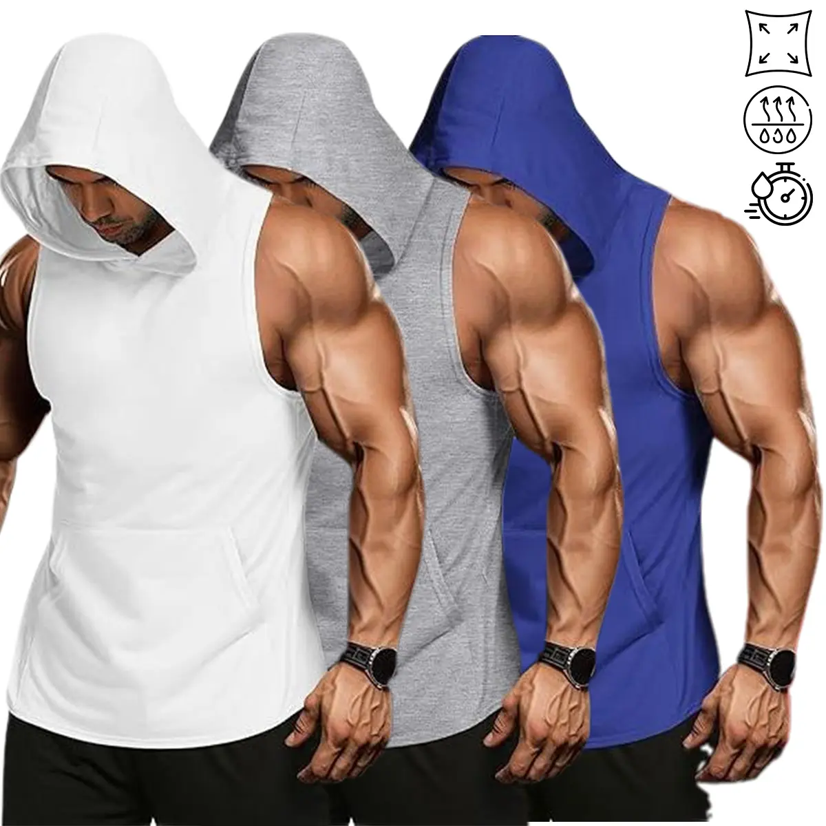 3 Pack Men's Workout Hooded Tank Tops - Sleeveless Gym Hoodies, Bodybuilding Muscle Shirts with Kangaroo Pocket