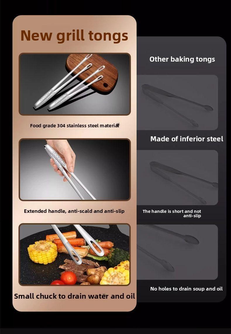 Stainless Steel BBQ Tong Steak Clip Kitchen Food Tongs Non-Slip Barbecue Clamp Cooking Utensils 304 Grade Easy Grip Comfortable Anti-Slip Texture