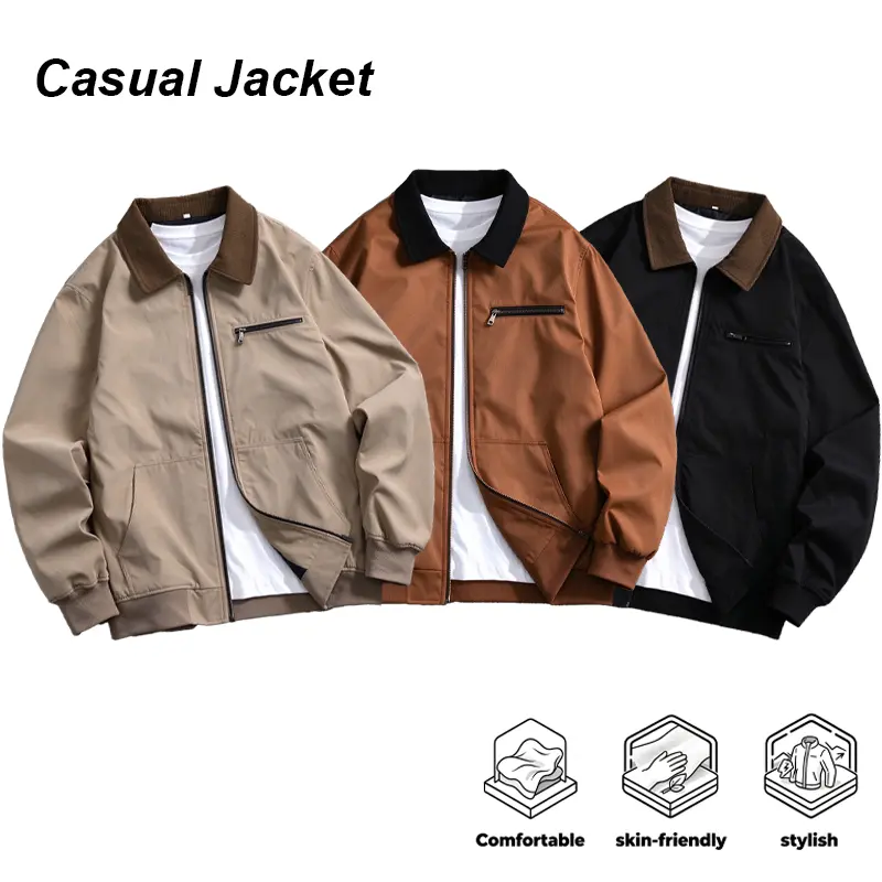 Men's Corduroy Collared Zip-Up Work Utility Jacket - Loose Fit Casual Fitted Jackets, Menswear Street Style Coat with Multiple Pockets for Everyday Commute & Daily Wear