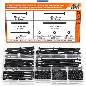 400 count M3 x 30mm /35mm /40mm /45mm /50mm, Hex Socket  Cap Metric Screws  Washers Nuts Kit, 12.9 Grade Alloy Steel, Fully Threaded, Black