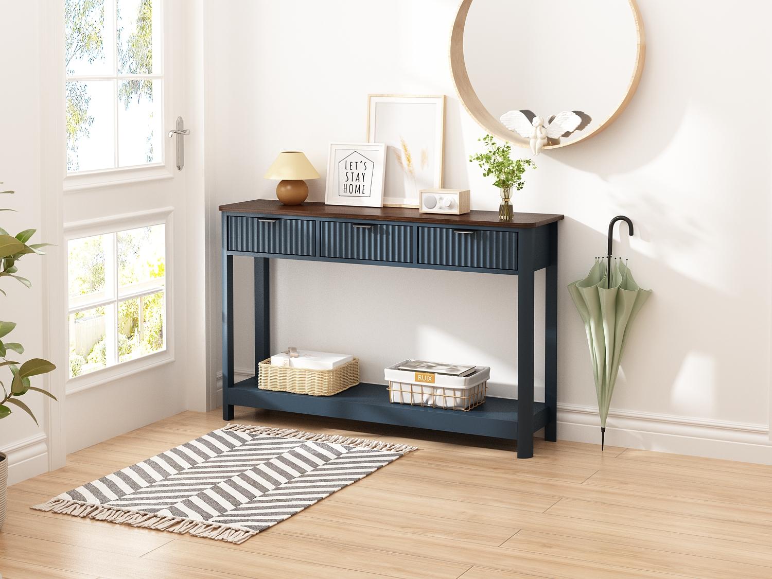 PieDle Furniture Fluted Console Table with Drawers, Modern 47.1" Entryway Table with Storage Shelf, Boho Narrow Skinny Behind Couch Wood Sofa Table for Living Room Hallway Entrance Foyer