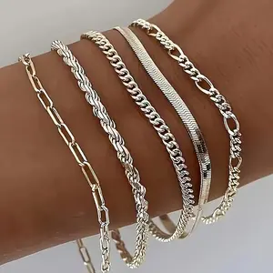 5pcs Set of 925 Sterling Silver Cuban Link Bracelets - Handmade, Retro Bohemian Style for Women | Perfect Christmas Gift And Casual Wear fashionable matching dainty gold nurse appreciation gift hand bracelet  men pulseras  personalizadas elegant jesus se