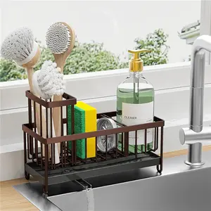 Cisily Brown Sponge Holder for Kitchen Sink Caddy Organizer with High Brush Holder Rustproof 304 Stainless Steel Soap Dispenser Organizer