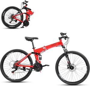 Folding Mountain Bike, 26" Women's & Men's Bicycle, 21 Speed Foldable Bike for Adults with Dual Suspension, Dual Disc Brake, Adjustable Saddle & Precision Twist Shifting