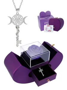 Hecate Key Necklace With Apple Shape Purple Rose Jewelry Gift Box, Triple Moon Goddess Pentagram Wheel Key Pendant Necklace, Witchcraft Tetragrammaton Amulet Jewelry Gifts for Women, Charm Necklace