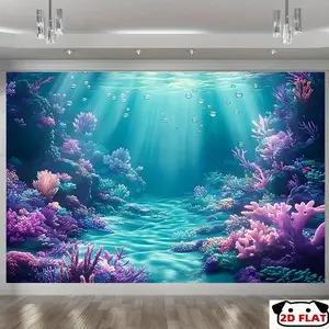 2D Flat Banner 1pc, Decorative Banner, Blue & Purple Ocean Mermaid Party Banner - Vibrant Under Sea Theme Backdrop Coral Reefs & Stream Bubbles, Perfect Home Decor, Room Wall Decoration, Party Photo Props, Mermaid Party Decorati