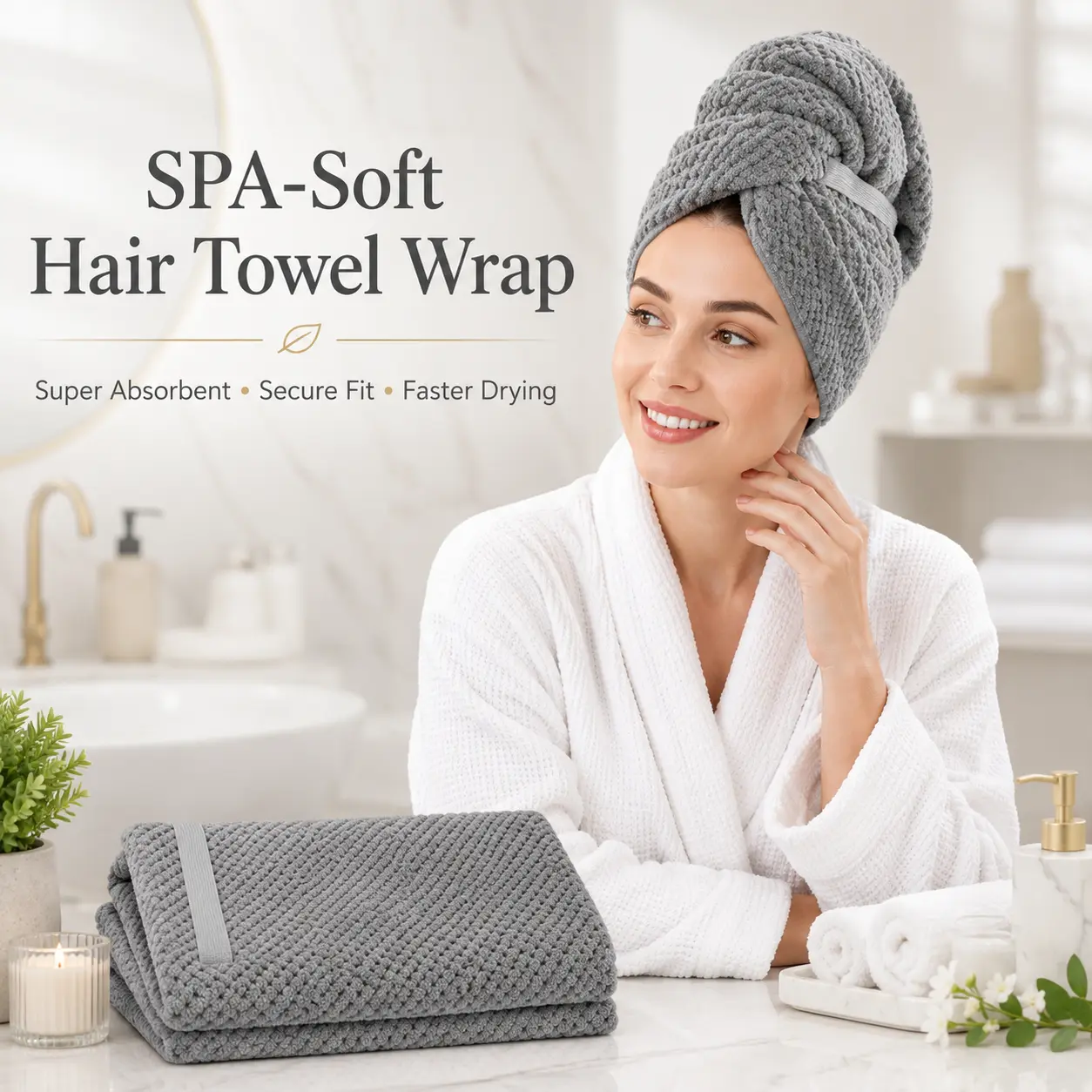 Large Microfiber Hair Towel Wrap, Plopping Towel for Curly Hair, Soft Absorbent Turban Style Hair Drying Towel with Elastic Strap, Wet Hair Wrap for Home, Spa & Travel
