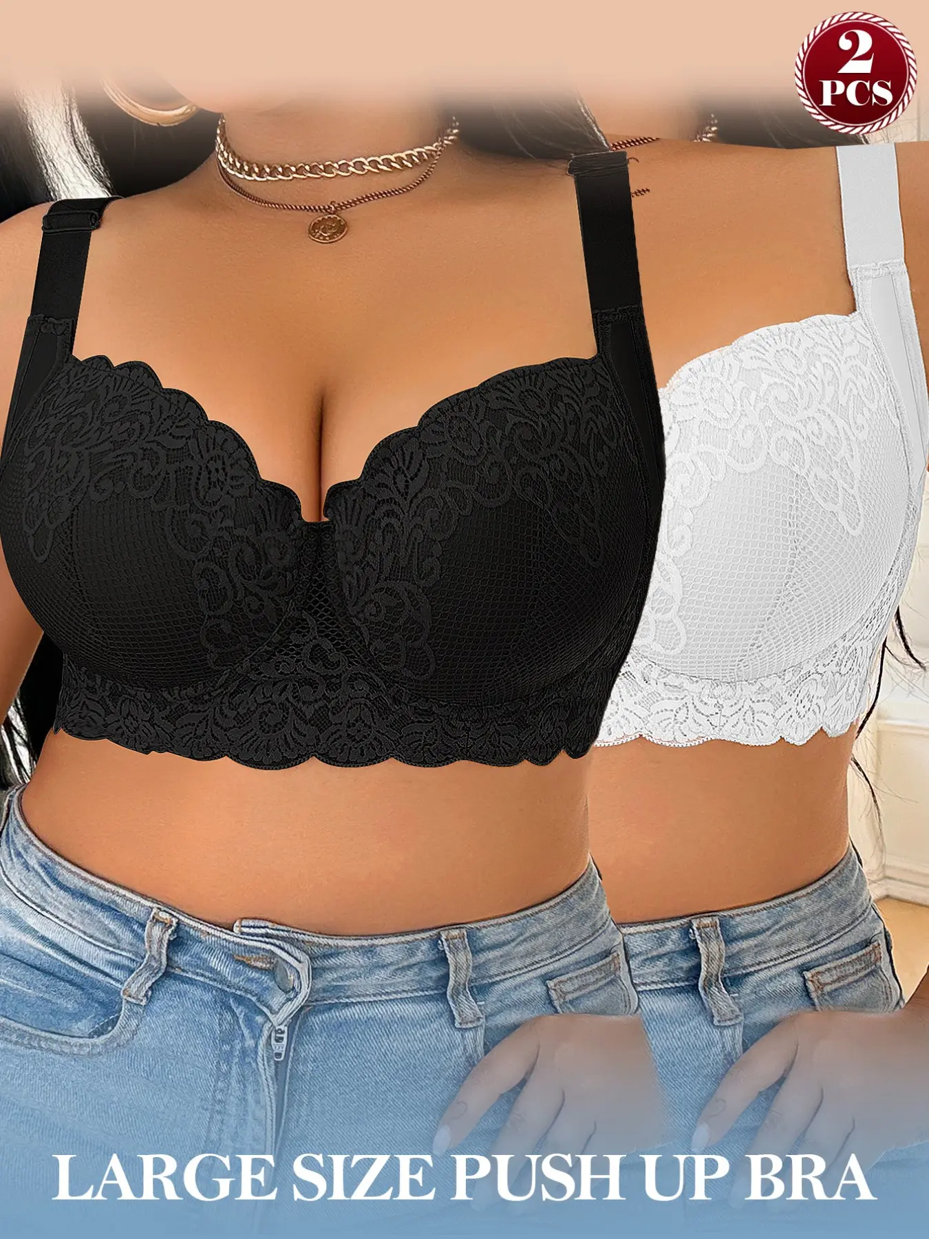 2-Pack Plus Size Women's Sexy Wide Lace Bras Lifting Bra. Underwire lift & anti-sagging, wide side wings smooth underarm & back bulges. Adjustable wide straps for support, elegant, breathable & comfortable, curves shaping, daily versatile, Fit