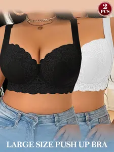 2-Pack Plus Size Women's Sexy Wide Lace Bras. Underwire lift & anti-sagging, wide side wings smooth underarm & back bulges. Adjustable wide straps for support, elegant, breathable & comfortable, curves shaping, daily versatile