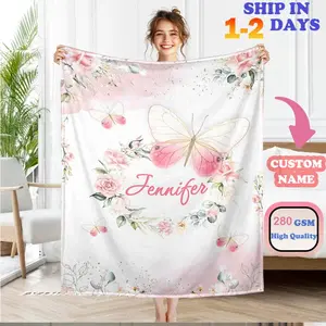 Personalized Custom Flannel Blanket With Butterfly Print Throw Blanket for Couch Bed Sofa Travel or Car Use, Custom Name Luxury 280GSM Ultra Soft Fleece, Machine Washable, Hypoallergenic, Cozy Lightweight and Comfort Throw Blanket