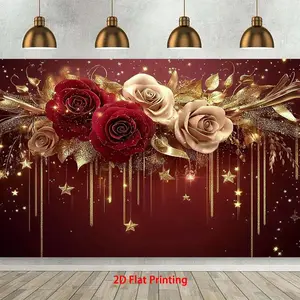1pc Luxurious Burgundy & Golden Floral Glitter Party Banner - High-Quality Polyester, No Electricity Needed, Versatile Home Decor, Event Backdrop, Photo Studio Props for Weddings, Birthdays, Corp