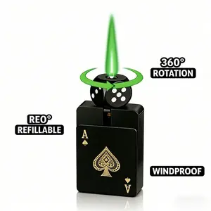 (Butane Gas Not Included)Zinc Alloy Windproof Lighter, Green Flame with Rotating Dice, Poker Theme Design, Refillable 2026 Novelty, Perfect Gift for Boyfriend Husband