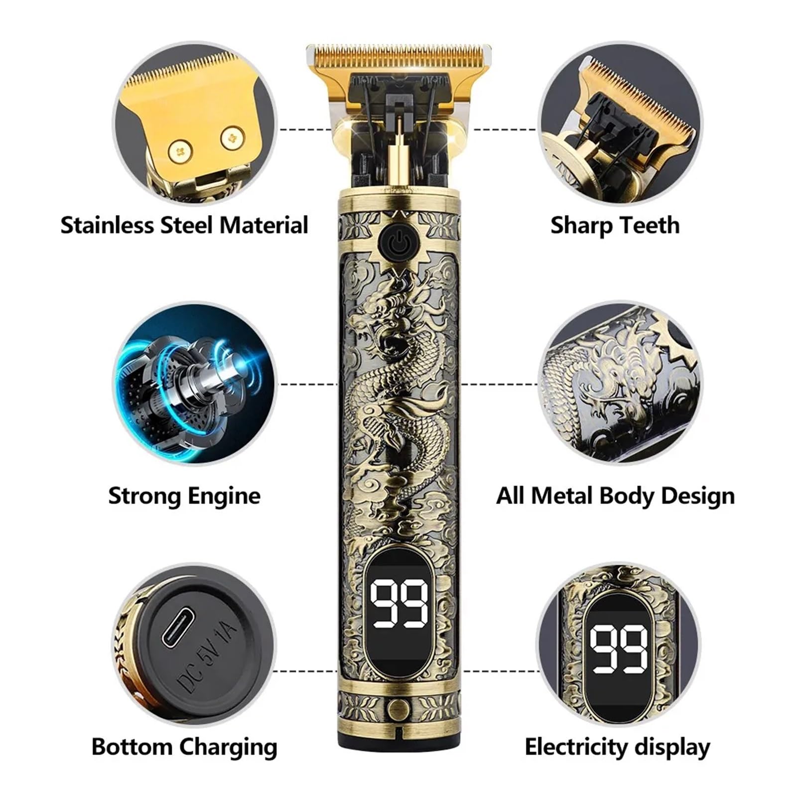 Professional Men's Hair Clipper & Trimmer - Cordless USB Rechargeable, High-Precision Beard Trimmer with 4 Detachable Limit Combs, Low Noise, Quick Charge, Dragon Design Grooming Kit for Home & Salon Use