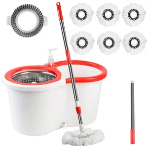 Spin Mop and Bucket with Wringer Set, 360° Spinning Mop Bucket System with 6 Microfiber Mop Replacement Heads and 61" Stainless Steel Adjustable Handle for Floor Cleaning