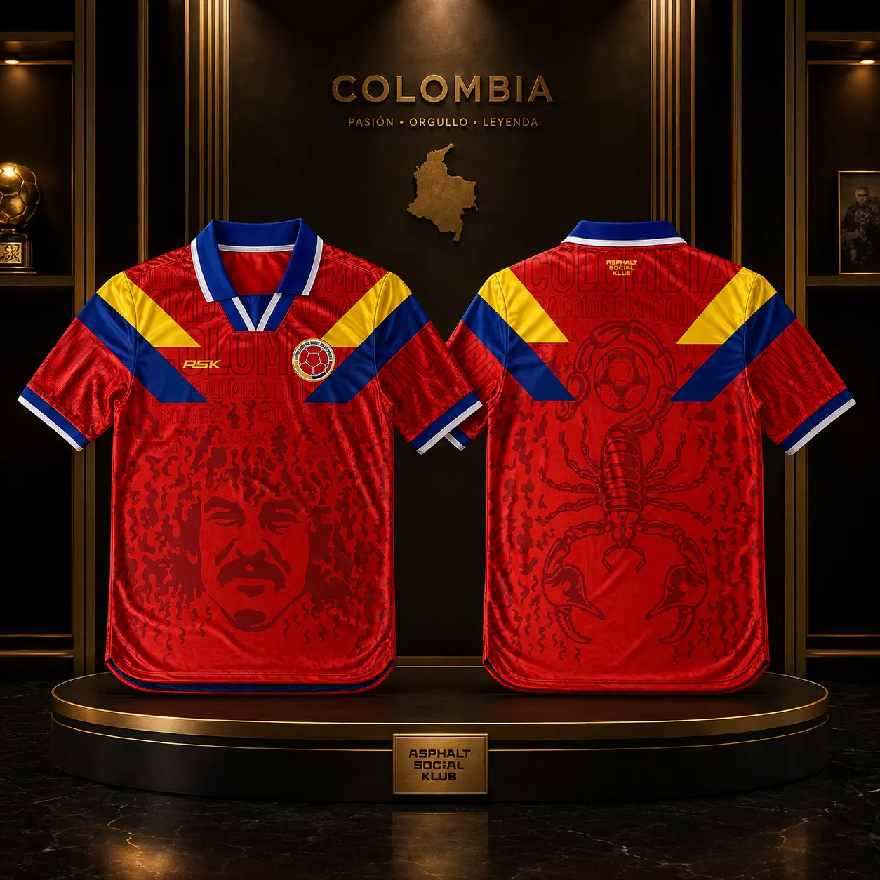 Colombia Passion Orgullo Leyenda Red Soccer Jersey with Yellow and Blue Accents and Unique Design