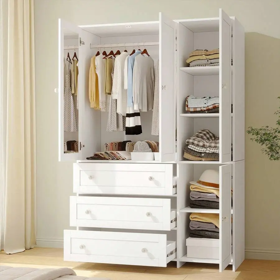 71" Large Sturdy Classic Freestanding Wardrobe Closet with Mirror - Furniture, Bedroom Armoire with 3/6 Large Drawers & 2/4 Doors, Clothes Storage Organizer Cabinet, Halloween Gift