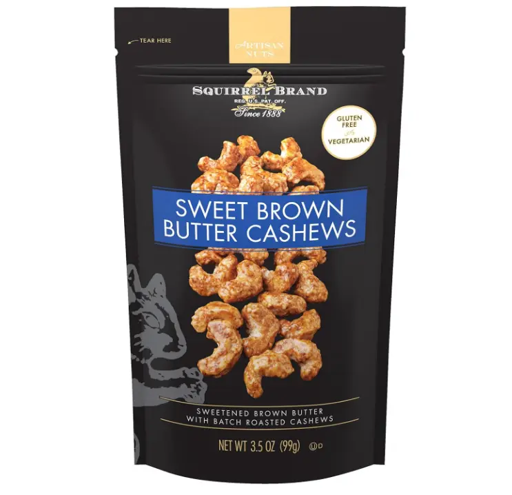 Squirrel Brand Sweet Brown Butter Cashews, 3.5 oz Resealable Bag | Gourmet Flavored Cashews Nuts, Gluten Free, Vegetarian