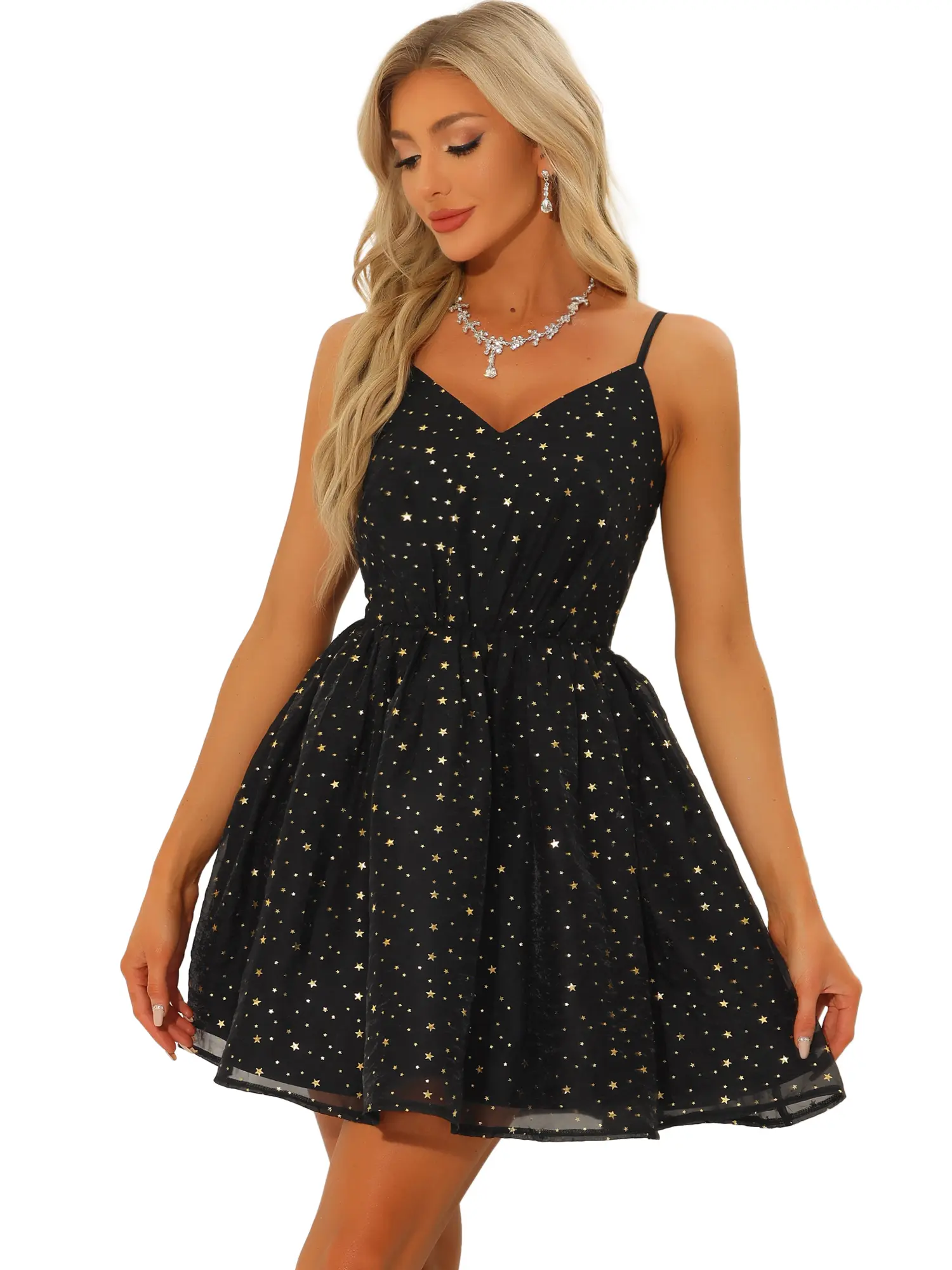 INSPIRE CHIC Party Metallic Stars Spaghetti Strap Organza Fit and Flare Mini Dress