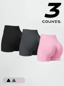 3-pcs Shorts Set Women's Seamless High Waist Gym Shorts Set, Athletic Shorts, Gym Fitness Shorts, Butt Lifting Design, Elastic Nylon Sportswear for Running & Exercise,