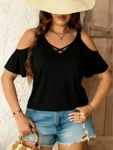 Plus Size Women's off Shoulder Print Short Sleeve Casual Everyday T-Shirt, Stylish Summer Top, Comfortable and Trendy, Perfect for Daily Wear, Womenswear