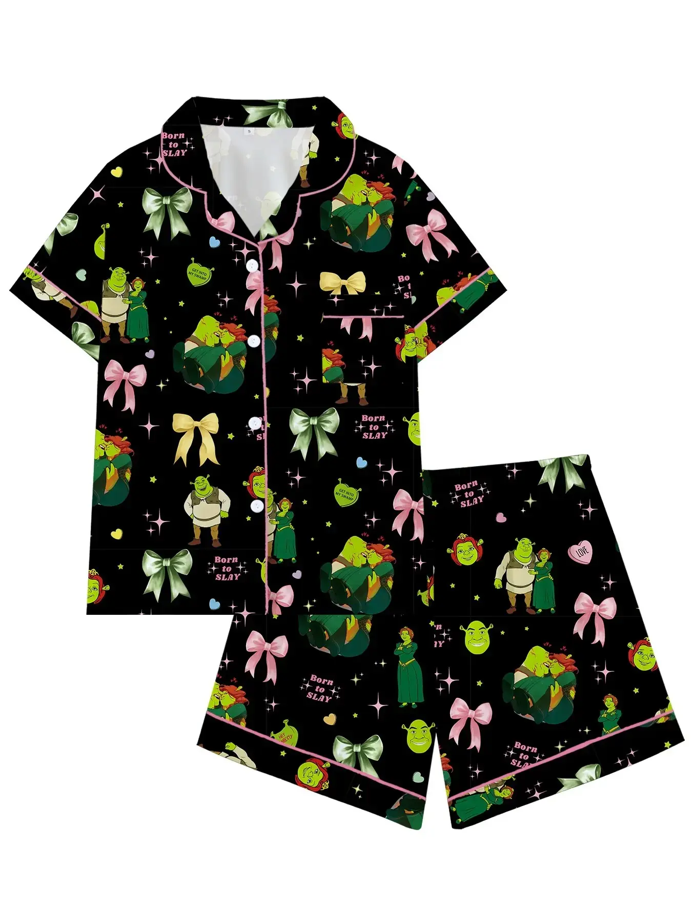 Movie Cute Bow Collar Short Sleeve Pajama Set Pyjamas Pjs, Comfortable Sleepwear Loungewear for All Seasons, Princess Gift, Loose-Fitting