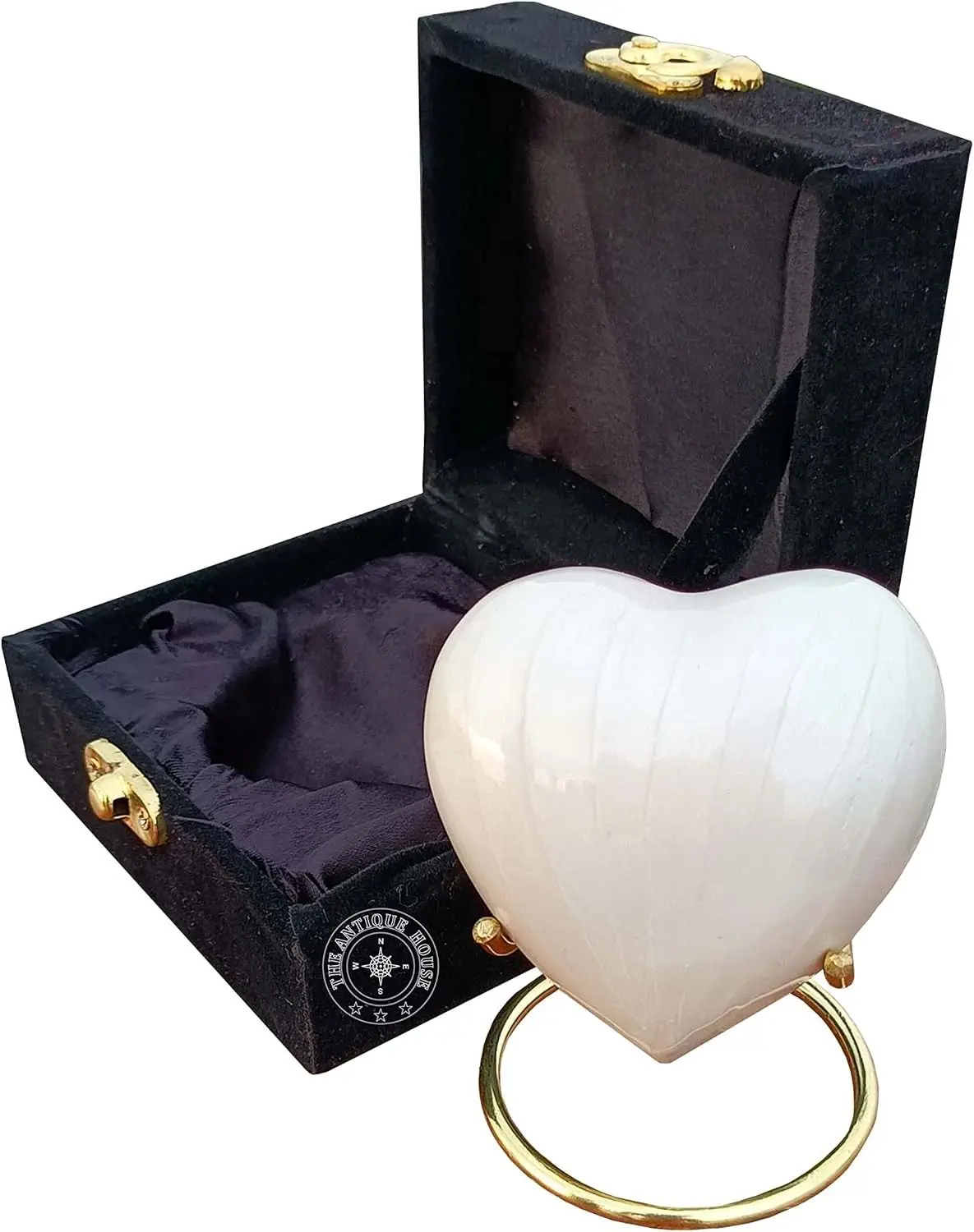 White Cremation Urn for Ashes Keepsake Heart Urn with Black Box and Brass Stand Mini urn for Your Loved one Adult & Funeral Burial for Adults and Infants