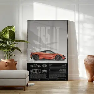 McLaren 765LT Orange Supercar Canvas Print - Artistic Sports Car Blueprint Wall Decor for Living Room, Man Cave, Home Supplies Posters & Prints, Decoration