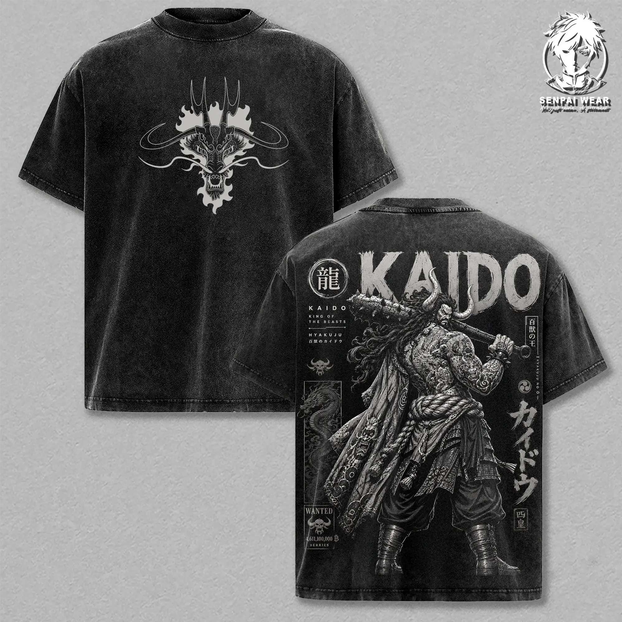 The Beasts Pirates Kaido Vintage Washed Oversize T-Shirt, Double-Print OP Anime Manga Tee, Heavy Cotton Unisex Streetwear, Gift for Anime Fans
