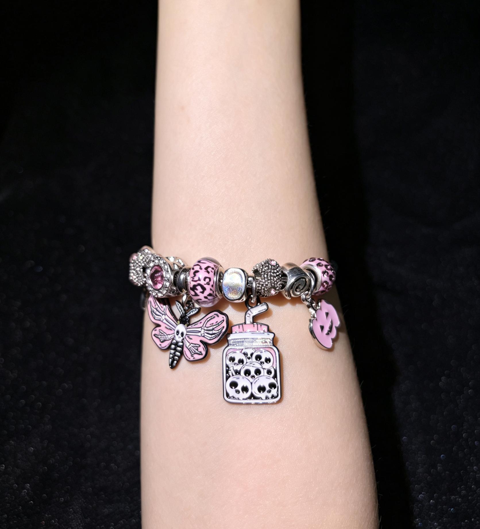 Silver Tone Halloween Pink Skull Moth Charm Bangle, Pink Pumpkin & Skull Jar Enamel Beaded Bracelet, Gothic Spooky Adjustable Cable Wire Bracelet Jewelry for Women